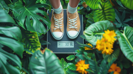 Close-up of a girl's legs in sneakers measuring weight with a scale against a background of green plants.の素材