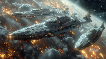 A futuristic spaceship plows the expanses of the universe. An alien spaceship,の素材