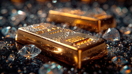 Gold bars and diamonds on a black background. Precious fossils.の素材