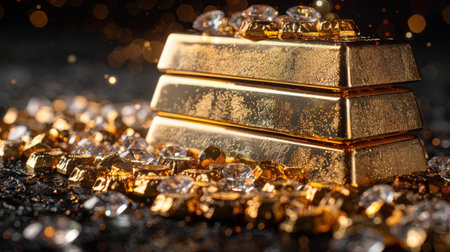 Gold bars and diamonds on a black background. Precious fossils.の素材