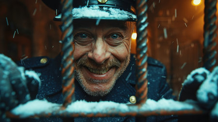 Happy Policeman in prison behind bars. Imprisoned policeman in jail behind bars.の素材