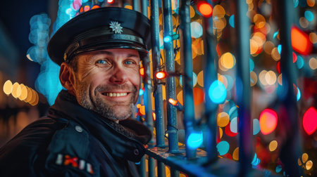 Happy Policeman in prison behind bars. Imprisoned policeman in jail behind bars.の素材