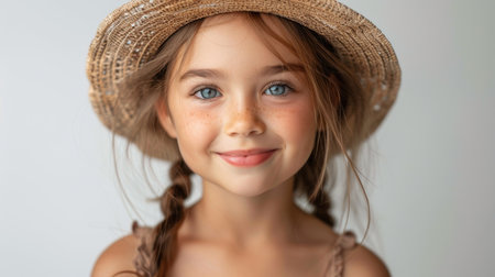 Portrait of a happy little girl wearing a straw hat on a white background.の素材