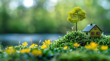 A miniature wooden house in the grass, moss on a sunny day. Eco-house. The concept of green and environmentally friendly housing.の素材