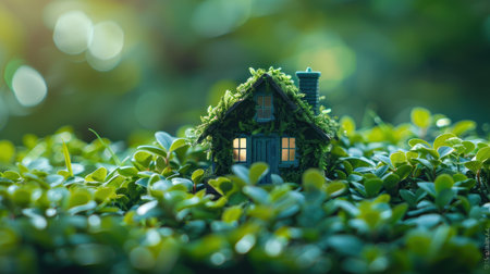 A miniature wooden house in the grass, moss on a sunny day. Eco-house. The concept of green and environmentally friendly housing.の素材