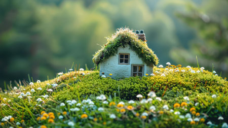A miniature wooden house in the grass, moss on a sunny day. Eco-house. The concept of green and environmentally friendly housing.の素材