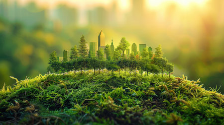 A miniature town on a hill among grass and moss on a sunny day. Eco-house. The concept of green and environmentally friendly housing.の素材