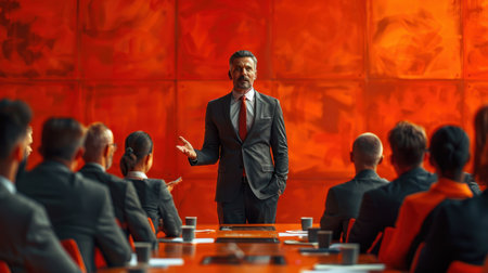 A business leader at a meeting of investors sitting at a desk in the office. The concept of business leadership.の素材