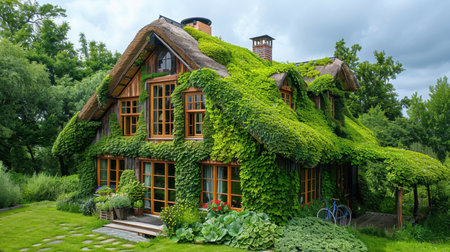 A miniature wooden house in the grass, moss on a sunny day. Eco-house. The concept of green and environmentally friendly housing.の素材