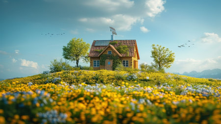 A miniature wooden house in the grass, moss on a sunny day. Eco-house. The concept of green and environmentally friendly housing.の素材