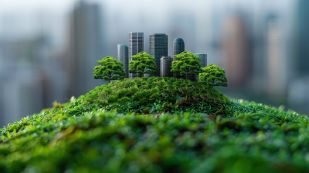 A miniature town on a hill among grass and moss on a sunny day. Eco-house. The concept of green and environmentally friendly housing.の素材
