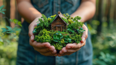 A model of the Eco-house of your dreams in your hands against the background of nature.の素材