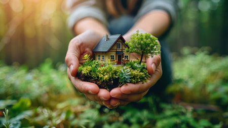 A model of the Eco-house of your dreams in your hands against the background of nature.の素材