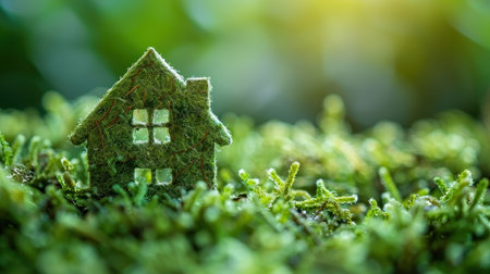 A miniature wooden house in the grass, moss on a sunny day. Eco-house. The concept of green and environmentally friendly housing.の素材