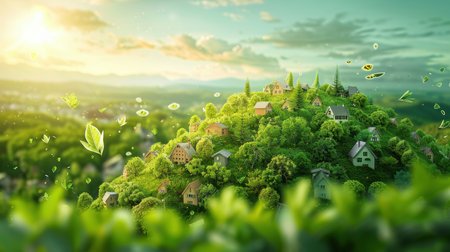 A miniature town on a hill among grass and moss on a sunny day. Eco-house. The concept of green and environmentally friendly housing.の素材