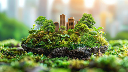 A miniature town on a hill among grass and moss on a sunny day. Eco-house. The concept of green and environmentally friendly housing.の素材