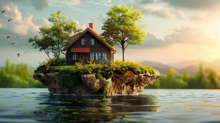 A miniature wooden house in the grass, moss on a sunny day. Eco-house. The concept of green and environmentally friendly housing.の素材