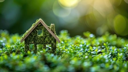 A miniature wooden house in the grass, moss on a sunny day. Eco-house. The concept of green and environmentally friendly housing.の素材