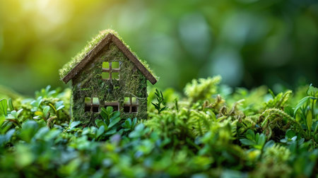A miniature wooden house in the grass, moss on a sunny day. Eco-house. The concept of green and environmentally friendly housing.の素材