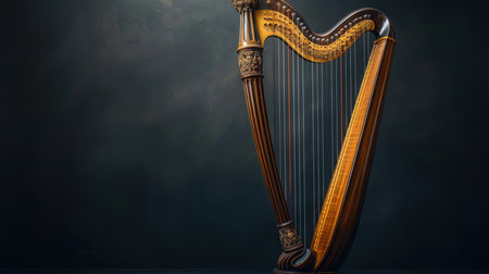 a harp with high strings on a black background. Musical instrument harp.の素材