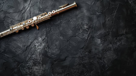 A modern flute with playing holes on a black background. Musical instrument flute.の素材