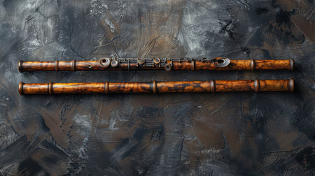 A modern flute with playing holes on a black background. Musical instrument flute.の素材