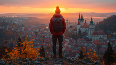 A lonely traveler against the background of the evening city.の素材