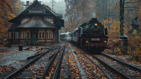 An old steam locomotive passage on rails is approaching the station.の素材