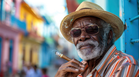 A man with a big cigar on the street of Havana. A Cuban man with a cigar in his mouth in Cuba.の素材