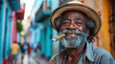 A man with a big cigar on the street of Havana. A Cuban man with a cigar in his mouth in Cuba.の素材