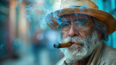 A man with a big cigar on the street of Havana. A Cuban man with a cigar in his mouth in Cuba.の素材