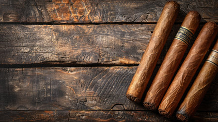 Top view of hand-rolled Havana cigars on a wooden table, A place for text or advertising.の素材
