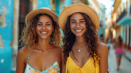 Portrait of two bright Smiling Cuban girls on the streets of Havana.の素材