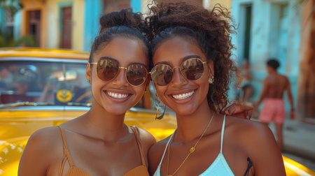 Portrait of two bright Smiling Cuban girls on the streets of Havana.の素材