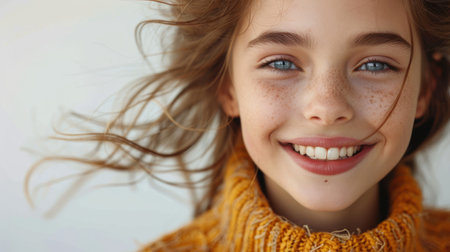 Close-up of the face of a smiling red-haired girl with curly hair on a white background.の素材