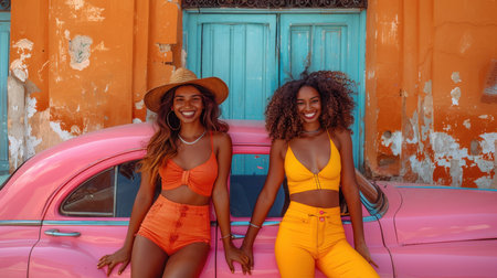 Portrait of two bright Smiling Cuban girls on the streets of Havana.の素材