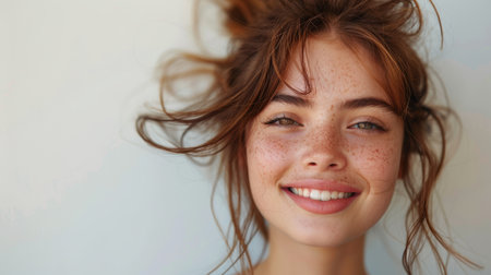 Close-up of the face of a smiling girl with curly hair on a white background.の素材