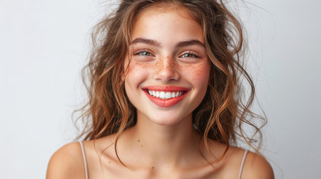 Close-up of the face of a smiling girl with curly hair on a white background.の素材