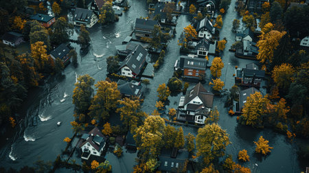 Top view of the disaster site. Houses in the village are flooded with water up to the roofs.の素材