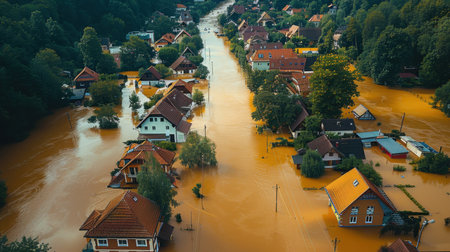 Top view of the disaster site. Houses in the village are flooded with water up to the roofs.の素材