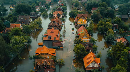 Top view of the disaster site. Houses in the village are flooded with water up to the roofs.の素材