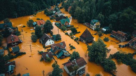 Top view of the disaster site. Houses in the village are flooded with water up to the roofs.の素材