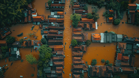 Flooding of the river in season. Top view of the crash site. Houses in the village are flooded with water up to the roofs.の素材
