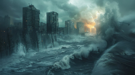 The tsunami demolishes a large building on the coast. Houses on the shore take the brunt of the big waves.の素材