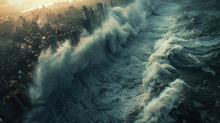 A huge tsunami wave is crashing on the coast with houses. Houses on the shore take the brunt of the big waves.の素材