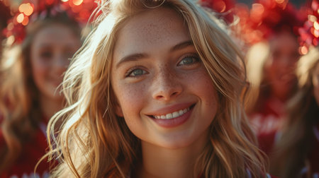 Cheerleaders during a soccer match. Cheerleaders at sporting events.の素材