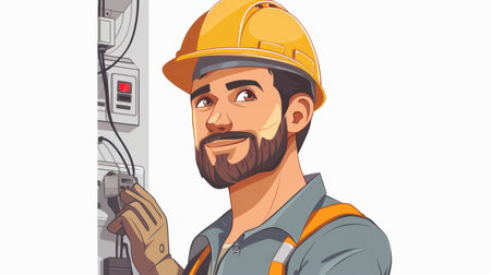 Portrait of a male electrician against the background of an electrical panel. The concept of electricity. Illustration.の素材