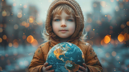 a little boy with a globe in his hand against the backdrop of the city. Planet earth in the hands of a boy.の素材