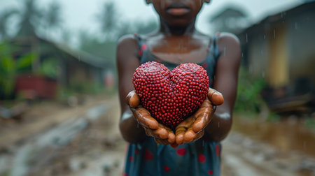 A shirtless African boy holds a red heart against a slum backdrop.の素材