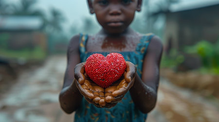 A shirtless African boy holds a red heart against a slum backdrop.の素材